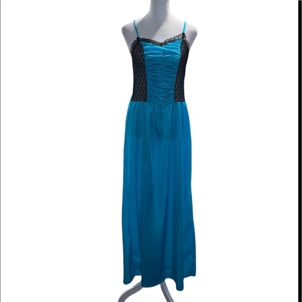 Vintage Undercover Wear Turquoise Blue Black Lace Ruched Nightgown Maxi Dress M